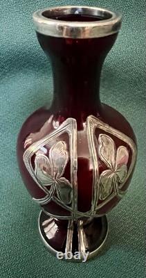 Fabulous Miniature 4 Ruby Red Glass Sterling Silver Overlay Vtg Nouveau Vase