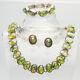 Fabulous Vintage Sterling Silver Green Opal Glass Necklace Earrings Bracelet Set