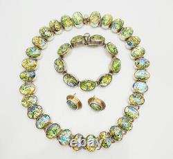 Fabulous vintage sterling silver green opal glass necklace earrings bracelet set