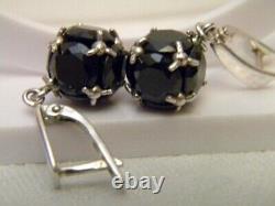 Fine Antique Soviet USSR Dangle Earrings Sterling Silver 925 Black Glass Women's