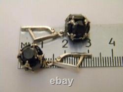 Fine Antique Soviet USSR Dangle Earrings Sterling Silver 925 Black Glass Women's