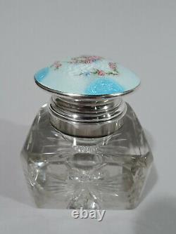Foster & Bailey Inkwell Antique Inkpot American Glass Sterling Silver Enamel