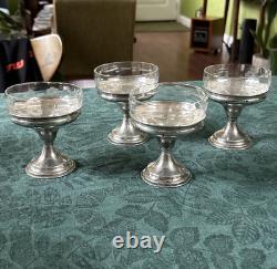 Four (4) Antique Sterling Silver Sherbet Dessert Dishes with Etched Glass Inserts