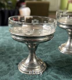 Four (4) Antique Sterling Silver Sherbet Dessert Dishes with Etched Glass Inserts