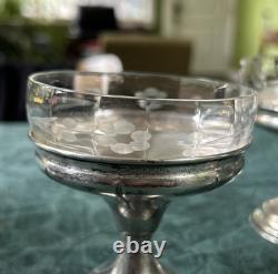 Four (4) Antique Sterling Silver Sherbet Dessert Dishes with Etched Glass Inserts