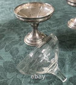 Four (4) Antique Sterling Silver Sherbet Dessert Dishes with Etched Glass Inserts