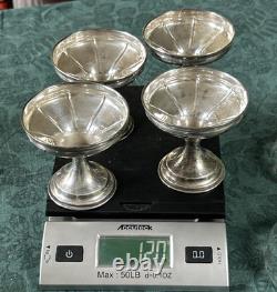 Four (4) Antique Sterling Silver Sherbet Dessert Dishes with Etched Glass Inserts