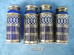 Four Webster Filigree Sterling Silver Cobalt Glass Salt & Pepper Shakers