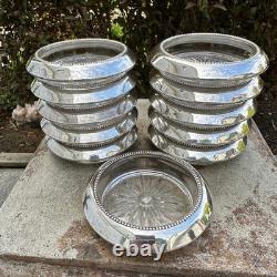 Frank Whiting Sterling Silver Glass Coasters Set of 11 #4 Beaded Rim Starburst