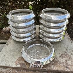 Frank Whiting Sterling Silver Glass Coasters Set of 11 #4 Beaded Rim Starburst