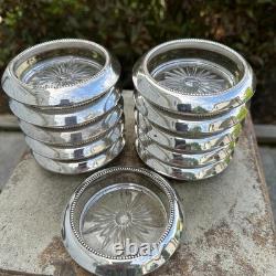 Frank Whiting Sterling Silver Glass Coasters Set of 11 #4 Beaded Rim Starburst