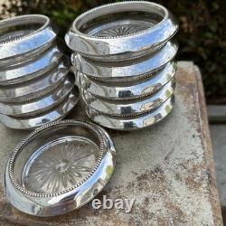 Frank Whiting Sterling Silver Glass Coasters Set of 11 #4 Beaded Rim Starburst
