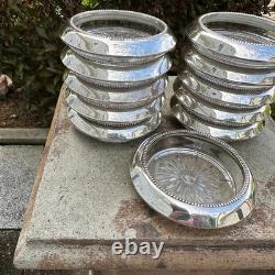 Frank Whiting Sterling Silver Glass Coasters Set of 11 #4 Beaded Rim Starburst
