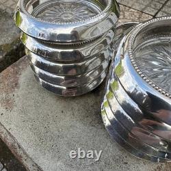 Frank Whiting Sterling Silver Glass Coasters Set of 11 #4 Beaded Rim Starburst