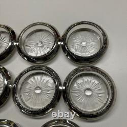 Frank Whiting Sterling Silver Glass Coasters Set of 11 #4 Beaded Rim Starburst