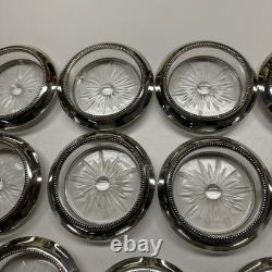 Frank Whiting Sterling Silver Glass Coasters Set of 11 #4 Beaded Rim Starburst