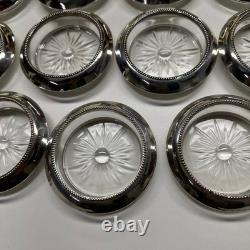 Frank Whiting Sterling Silver Glass Coasters Set of 11 #4 Beaded Rim Starburst