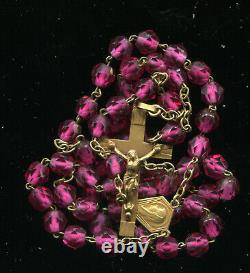 French Antique Gold Silver & Purple Capped Faceted Glass Beads Rosary