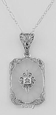 Frosted Crystal Camphor Glass Filigree Diamond Pendant Sterling Silver & Chain