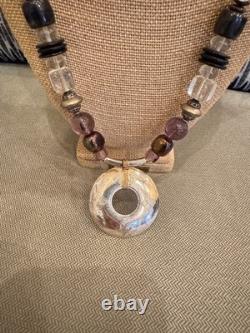 GICKER Sterling Silver Amethyst, Glass & Mixed Beaded Bead Vintage Necklace 1990