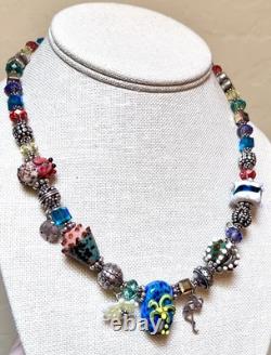 GORGEOUS Sterling Silver ORNATE Lamp Work Sea Creature Art Glass Beaded Necklace
