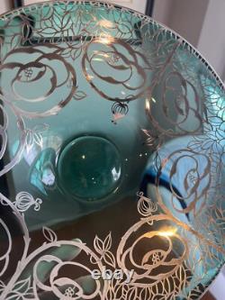 Gali Art Glass Centerpiece Bowl, Sterling Silver Overlay 11.5 Blue/green Italy