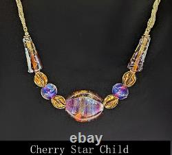 Gold vermiel sterling 925 silver purple blue orange lampwork glass bead necklace