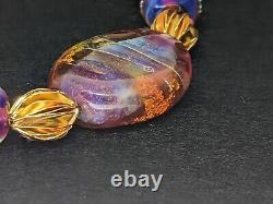 Gold vermiel sterling 925 silver purple blue orange lampwork glass bead necklace