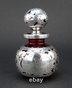 Gorgeous Gorham Crimson Red Glass Sterling Silver Overlay Perfume Bottle 6 1/2in