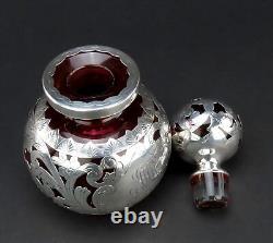 Gorgeous Gorham Crimson Red Glass Sterling Silver Overlay Perfume Bottle 6 1/2in