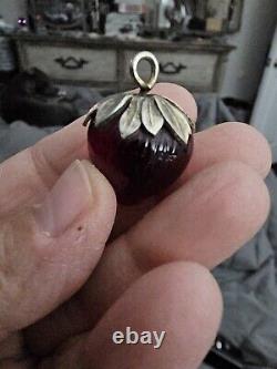 Gorgeous Vintage Sterling Silver Strawberry Fruit Pendant Red Glass! Signed MFA