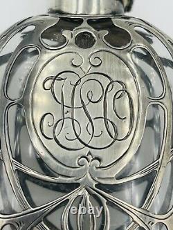 Gorham Antique Sterling Silver Overlay Glass Art Nouveau Liquor Flask