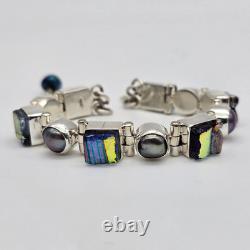 Gray Pearl Dichroic Art Glass Sterling Silver Hinged Adj. Tennis Bracelet