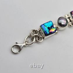 Gray Pearl Dichroic Art Glass Sterling Silver Hinged Adj. Tennis Bracelet