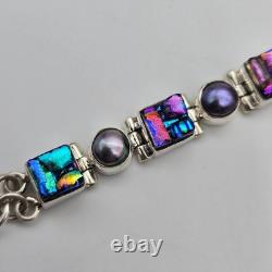 Gray Pearl Dichroic Art Glass Sterling Silver Hinged Adj. Tennis Bracelet