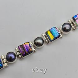 Gray Pearl Dichroic Art Glass Sterling Silver Hinged Adj. Tennis Bracelet