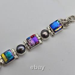 Gray Pearl Dichroic Art Glass Sterling Silver Hinged Adj. Tennis Bracelet