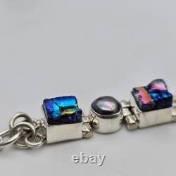 Gray Pearl Dichroic Art Glass Sterling Silver Hinged Adj. Tennis Bracelet