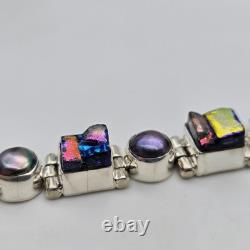 Gray Pearl Dichroic Art Glass Sterling Silver Hinged Adj. Tennis Bracelet