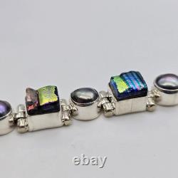Gray Pearl Dichroic Art Glass Sterling Silver Hinged Adj. Tennis Bracelet