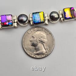 Gray Pearl Dichroic Art Glass Sterling Silver Hinged Adj. Tennis Bracelet