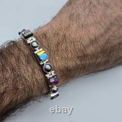 Gray Pearl Dichroic Art Glass Sterling Silver Hinged Adj. Tennis Bracelet