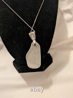 Green Sea Ocean Glass Sterling Silver Bezel Charm Pendant 13in