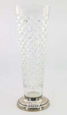 HAWKES Cut Glass Vase with Raised Sterling Silver Base 13 tall