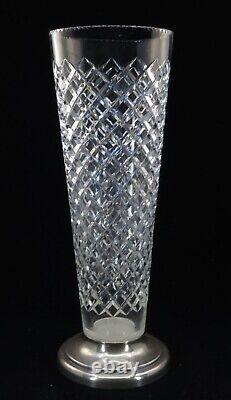 HAWKES Cut Glass Vase with Raised Sterling Silver Base 13 tall