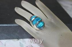 HEAVY 46 g Mid Century Modern Sterling Silver Blue Art Glass Statement Ring sz 6