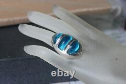 HEAVY 46 g Mid Century Modern Sterling Silver Blue Art Glass Statement Ring sz 6