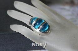 HEAVY 46 g Mid Century Modern Sterling Silver Blue Art Glass Statement Ring sz 6