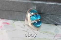 HEAVY 46 g Mid Century Modern Sterling Silver Blue Art Glass Statement Ring sz 6
