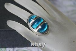 HEAVY 46 g Mid Century Modern Sterling Silver Blue Art Glass Statement Ring sz 6